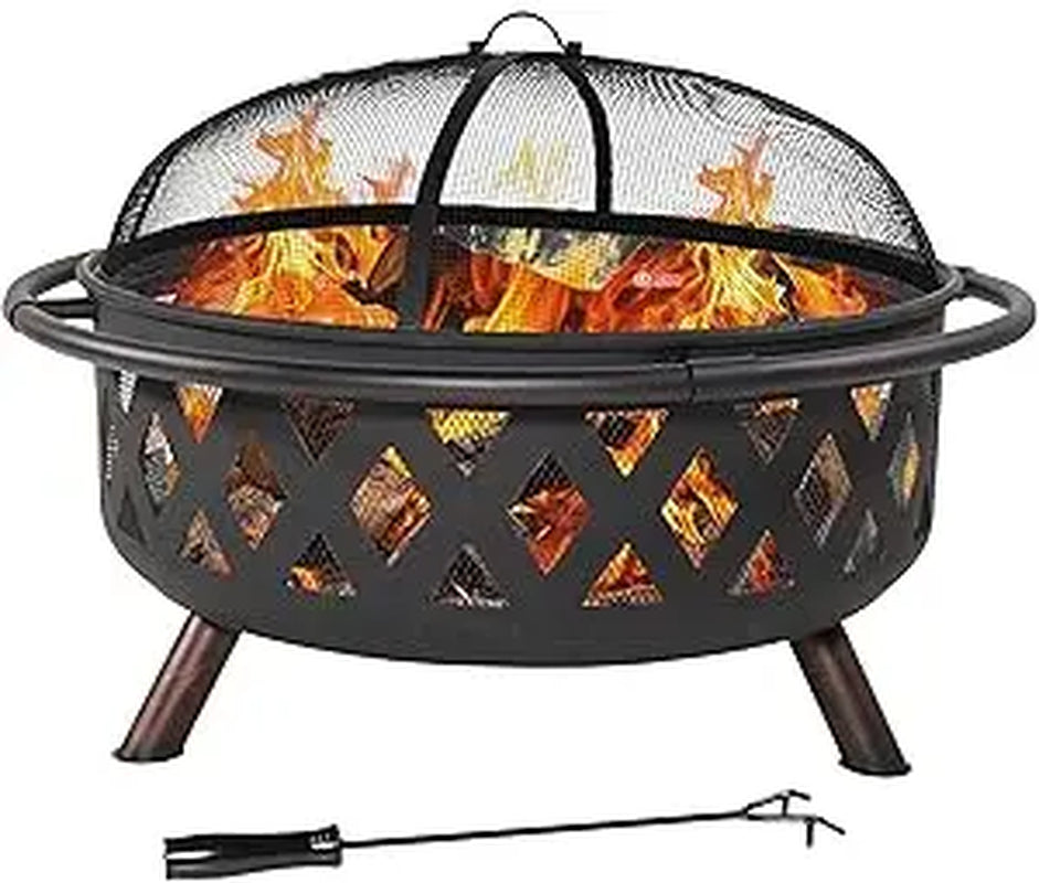 Outdoor Fire Pit - Wood-Burning Fire Pit for outside with Spark Screen, Poker and round Cover - 36-Inch - Black