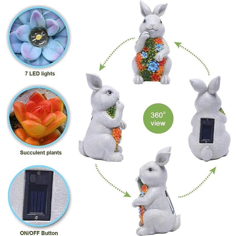 Solar Garden Outdoor Statues Bunny with 7 LED Lights – Lawn Decor for Patio, Balcony, Yard Ornament - Unique Housewarming Gifts