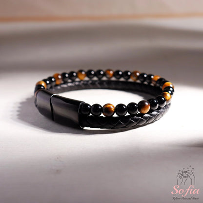 Mens Bracelet - Obsidian Tige'S Eye Stone Bracelet - Leather Braided Bangle Magnetic Clasp Waterproof