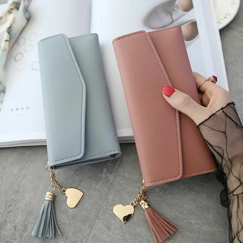 Womens Wallet PU Leather Three Fold Long Wallet Tassel Pendant Coin Pocket Purse Credit Card Holder Handbag Large Capacity Gifts