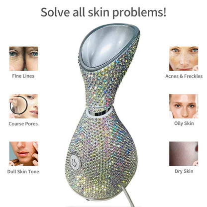 Face Steamer Vaporizador Facial Nano Ionic Warm Steam and Deeply Moisturizing Spa Humidifier with Rhinestone Face Care Vapozone