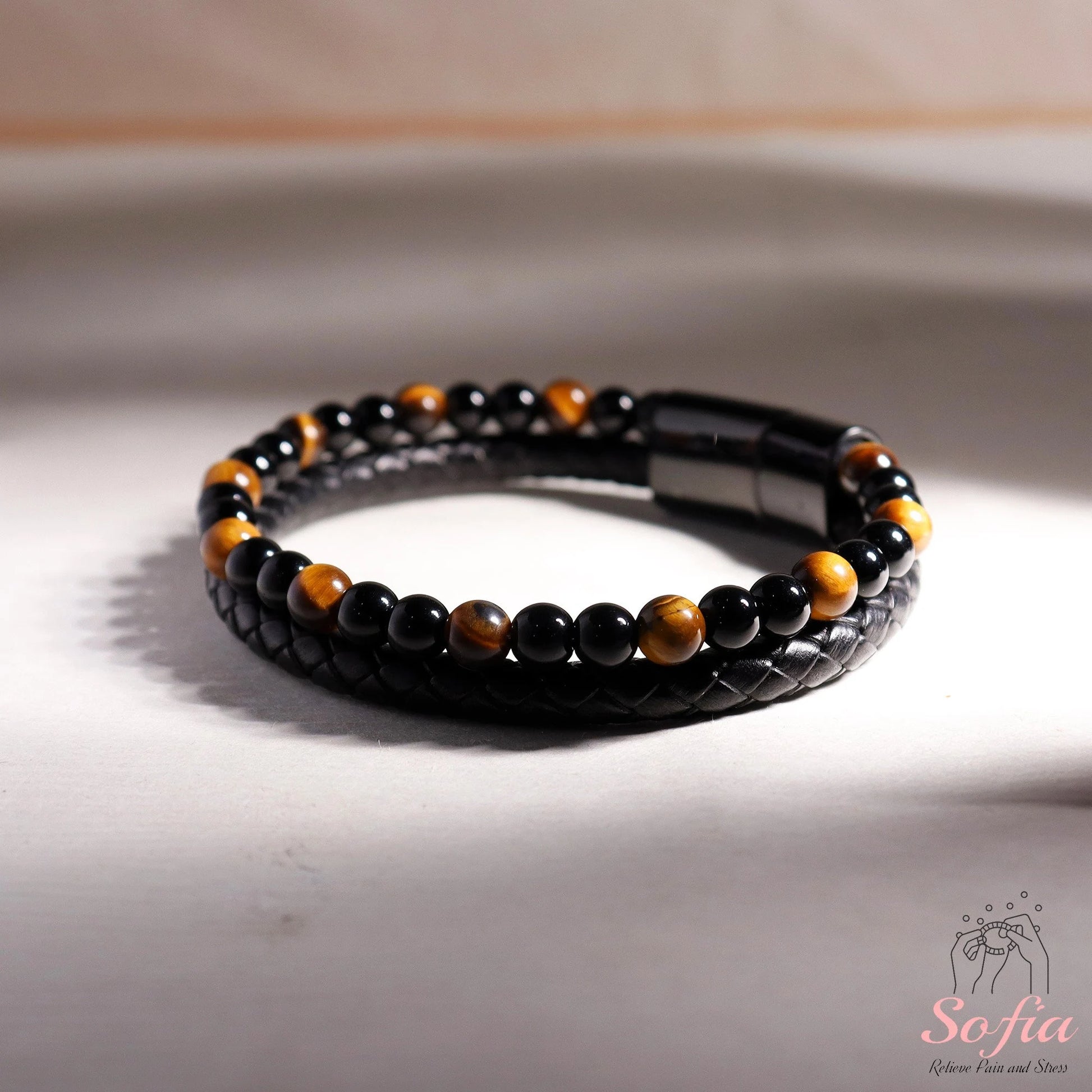Mens Bracelet - Obsidian Tige'S Eye Stone Bracelet - Leather Braided Bangle Magnetic Clasp Waterproof