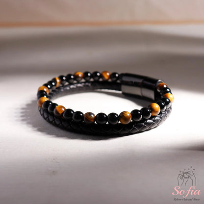 Mens Bracelet - Obsidian Tige'S Eye Stone Bracelet - Leather Braided Bangle Magnetic Clasp Waterproof