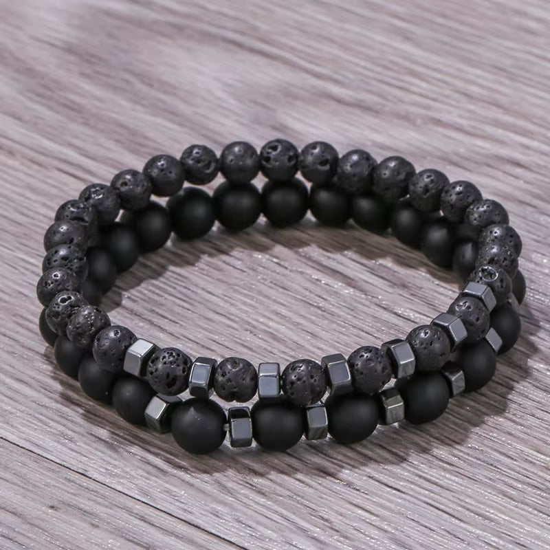 New in Frosted Black Bead Volcanic Stone Men’S Bracelet Set Double Layer Nature Stone Beaded Bracelets Gifts