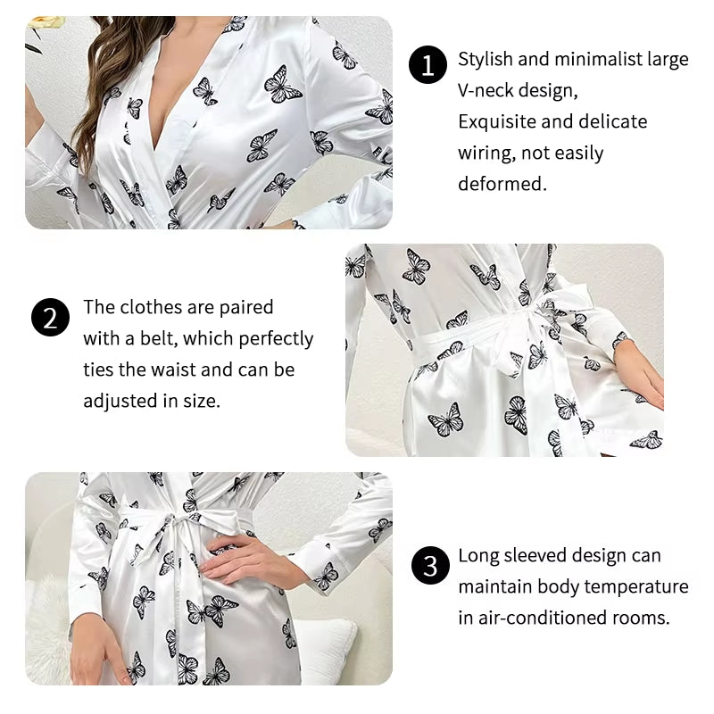 Women'S Satin Nightdress Kimono Robes Bathrobes Sexy Sleepwear V Neck Long Sleeve Pajamas Loose Nightgowns Nightie Pyjama Female