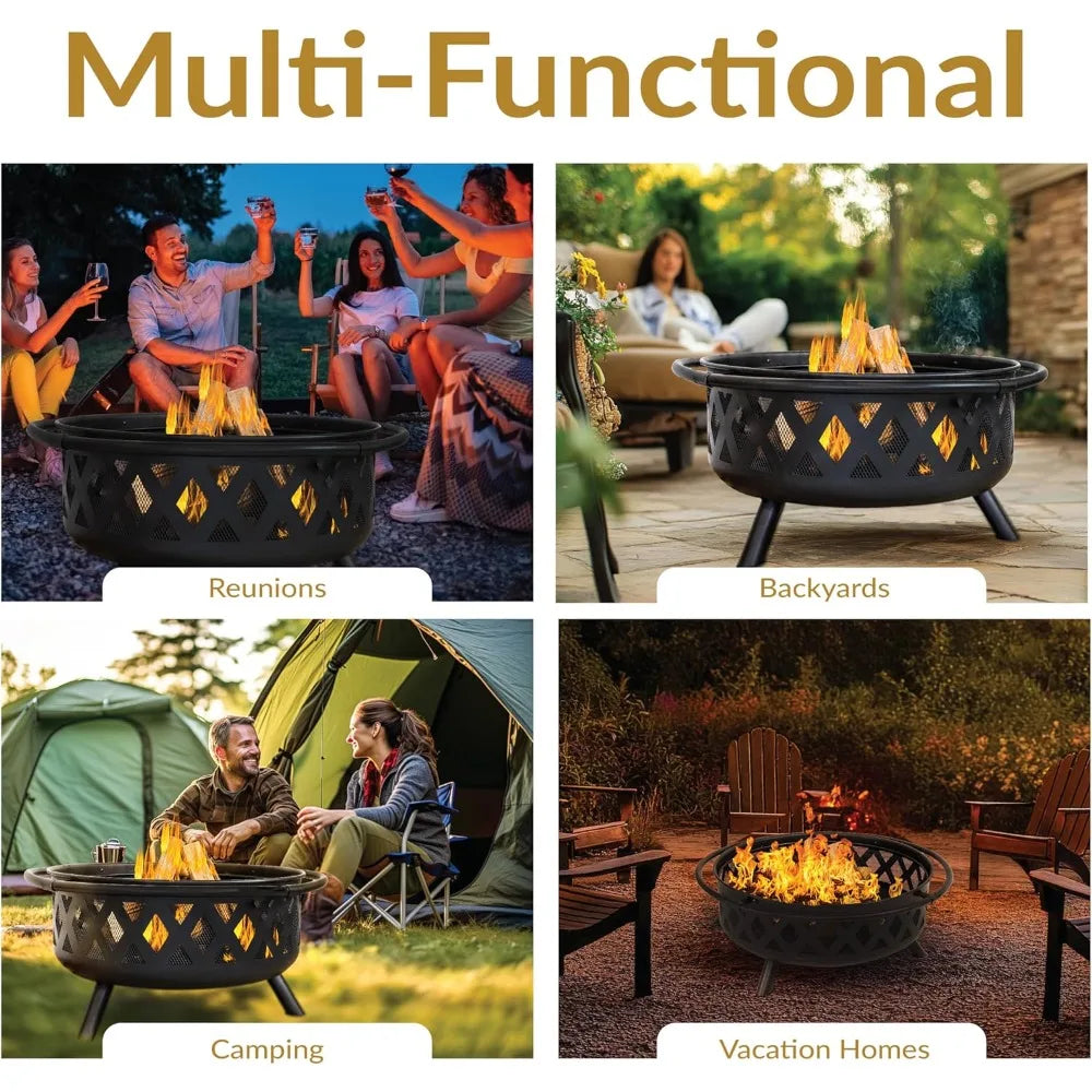 Outdoor Fire Pit - Wood-Burning Fire Pit for outside with Spark Screen, Poker and round Cover - 36-Inch - Black
