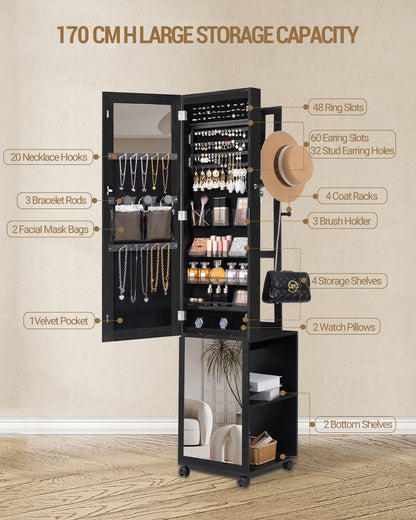 Jewellery Cabinet, Mirror Cabinet, Standing Jewellery Organiser with 1 Clothes Rack, 3-Tier Shelves with 4 Coat Hooks