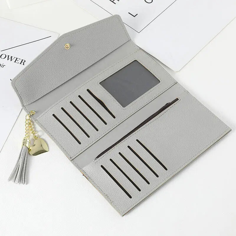 Womens Wallet PU Leather Three Fold Long Wallet Tassel Pendant Coin Pocket Purse Credit Card Holder Handbag Large Capacity Gifts