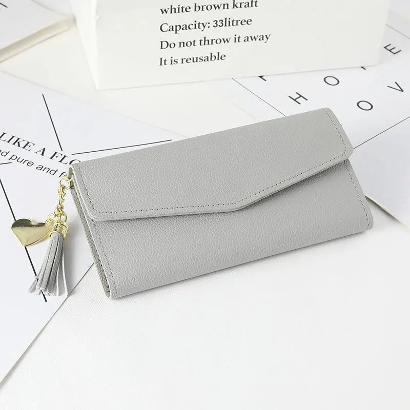 Womens Wallet PU Leather Three Fold Long Wallet Tassel Pendant Coin Pocket Purse Credit Card Holder Handbag Large Capacity Gifts