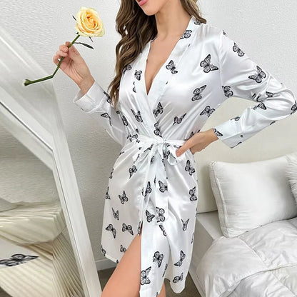 Women'S Satin Nightdress Kimono Robes Bathrobes Sexy Sleepwear V Neck Long Sleeve Pajamas Loose Nightgowns Nightie Pyjama Female