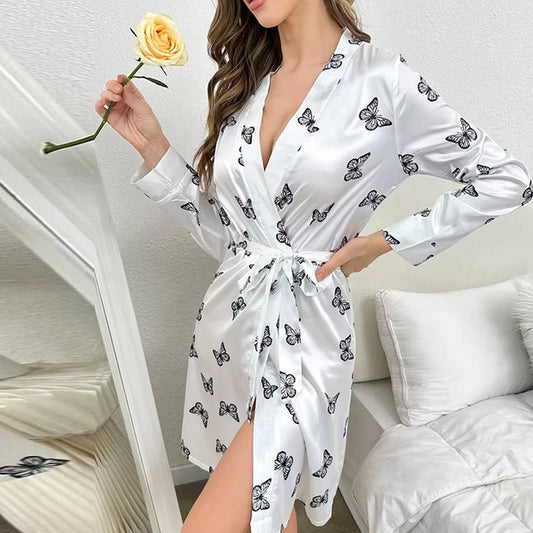 Women'S Satin Nightdress Kimono Robes Bathrobes Sexy Sleepwear V Neck Long Sleeve Pajamas Loose Nightgowns Nightie Pyjama Female
