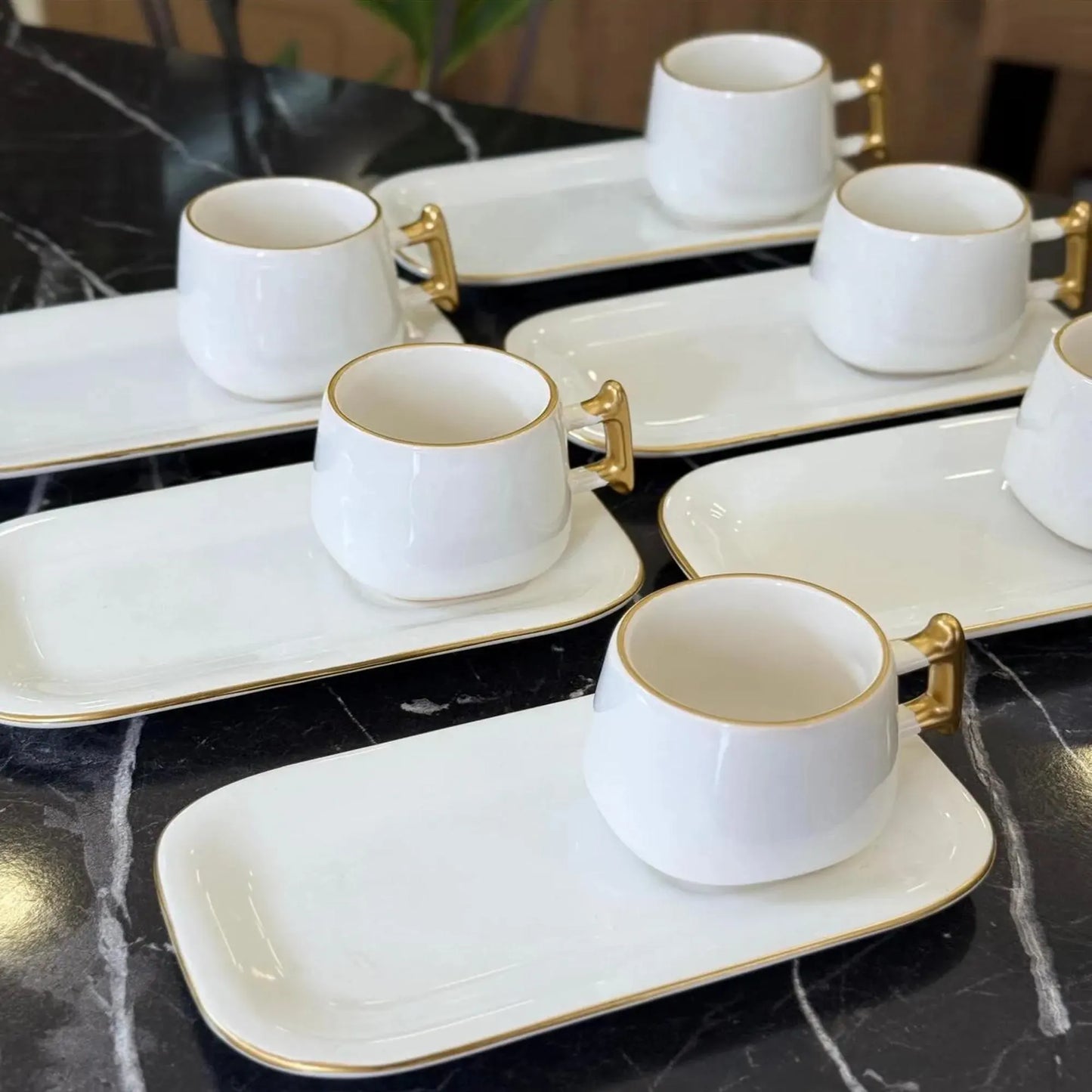 White Ceramic Turkish Coffee Set: Gold Handle Espresso Cups, 12-Piece
