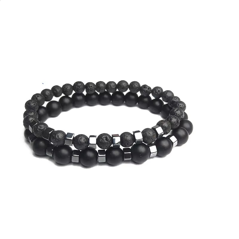 New in Frosted Black Bead Volcanic Stone Men’S Bracelet Set Double Layer Nature Stone Beaded Bracelets Gifts