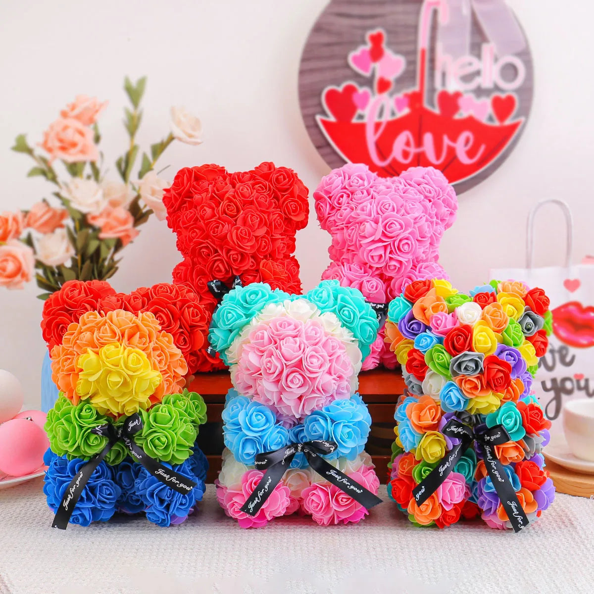 Wedding Home Decor, Rainbow Eternal Rose Bear, Anniversary Gift