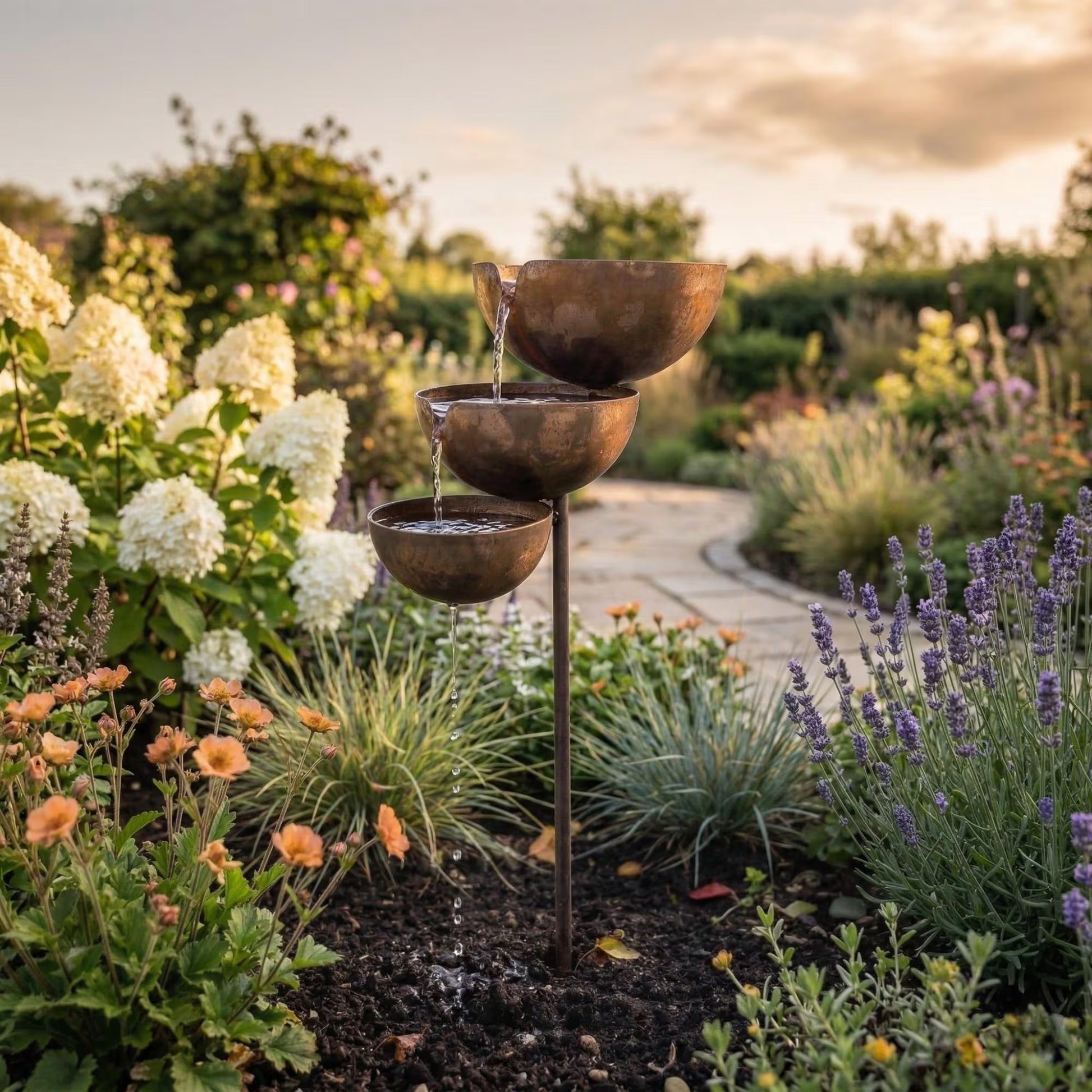 Rustic Metal Rain Catcher Garden Stake with Three Bowls Outdoor Zen Decor