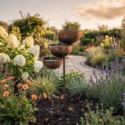 Rustic Metal Rain Catcher Garden Stake with Three Bowls Outdoor Zen Decor
