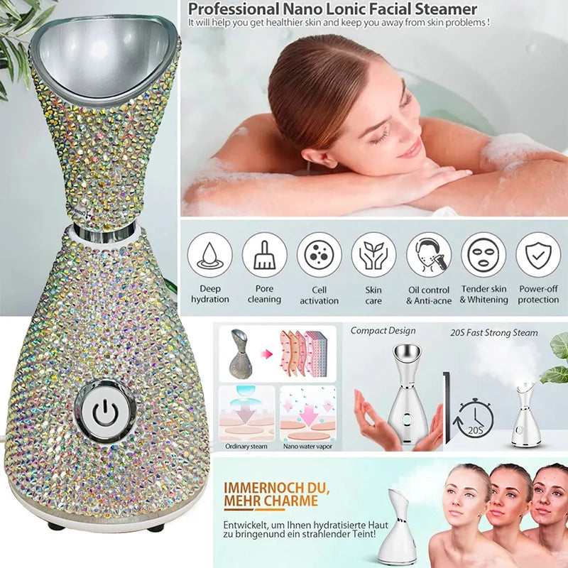 Face Steamer Vaporizador Facial Nano Ionic Warm Steam and Deeply Moisturizing Spa Humidifier with Rhinestone Face Care Vapozone