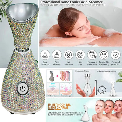 Face Steamer Vaporizador Facial Nano Ionic Warm Steam and Deeply Moisturizing Spa Humidifier with Rhinestone Face Care Vapozone