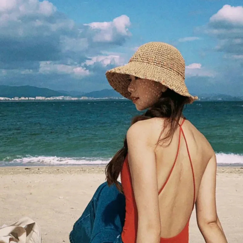 2023 Womens Straw Rainbow Splicing Hats Women Panamas UV Protection Sun Visor Beach Hats Women Visors Foldable Female Sun Hat