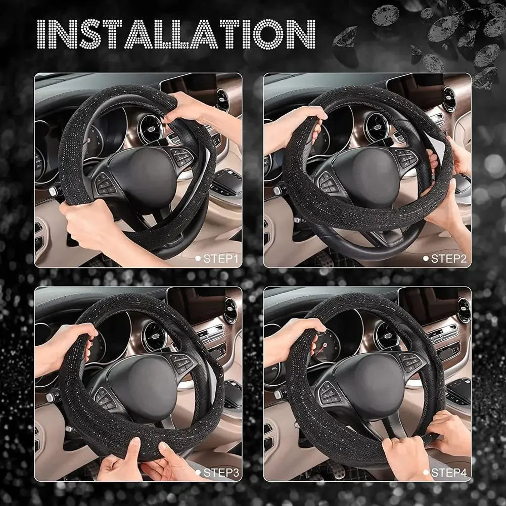 Crystal Car Steering Wheel Cover for Women Girls Cute Glitter Steer Wheel Cover Bling Rhinestone Diamond Car Steering Protection