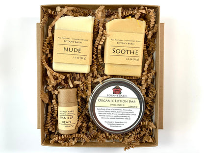 Bath & Body Spa Gift Set. 2 Small Organic Soaps, Jojoba Lotion Bar, Lip Balm. Eco-Friendly Self Care, No Waste Plastic Free Skincare Present
