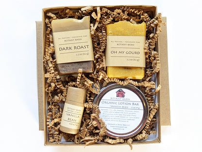 Bath & Body Spa Gift Set. 2 Small Organic Soaps, Jojoba Lotion Bar, Lip Balm. Eco-Friendly Self Care, No Waste Plastic Free Skincare Present